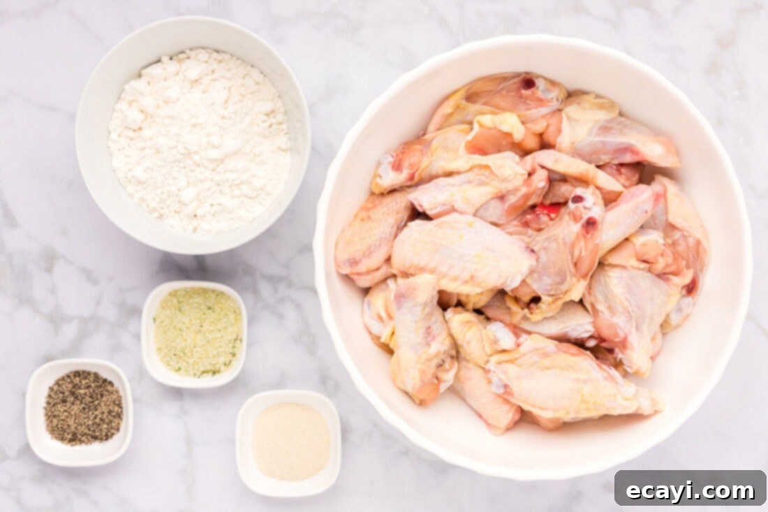 Crispy Fried Chicken Wings 4 Ingredients for Fried Chicken Wings laid out on a countertop, including chicken, flour, and spices.