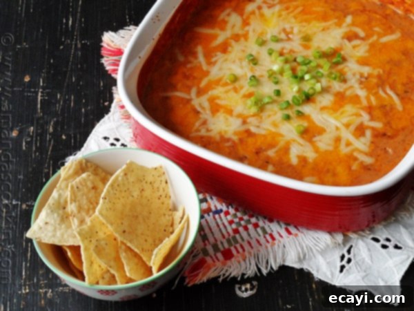 Velvety Bean & Queso Dip 2 Creamy con queso bean dip in a red bowl with tortilla chips on the side.