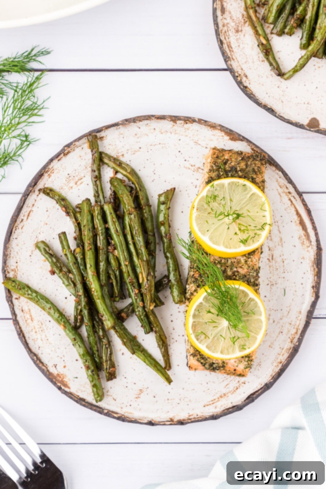 Zesty Dill Salmon 11 Dill Salmon on a plate with green beans