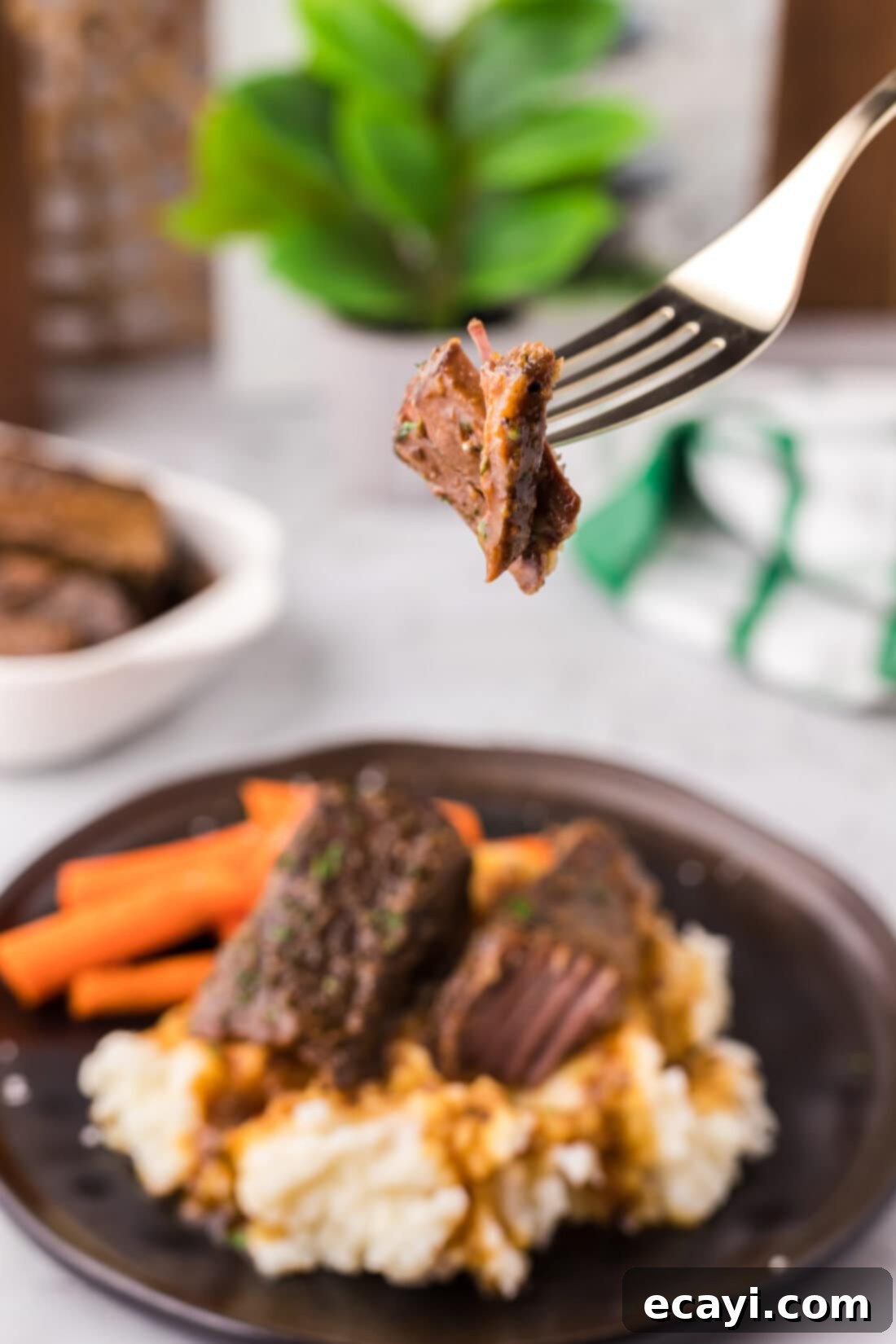 Tender Boneless Beef Short Ribs 3 A perfectly cooked boneless beef short rib lifted on a fork, showing its incredible tenderness and rich texture.