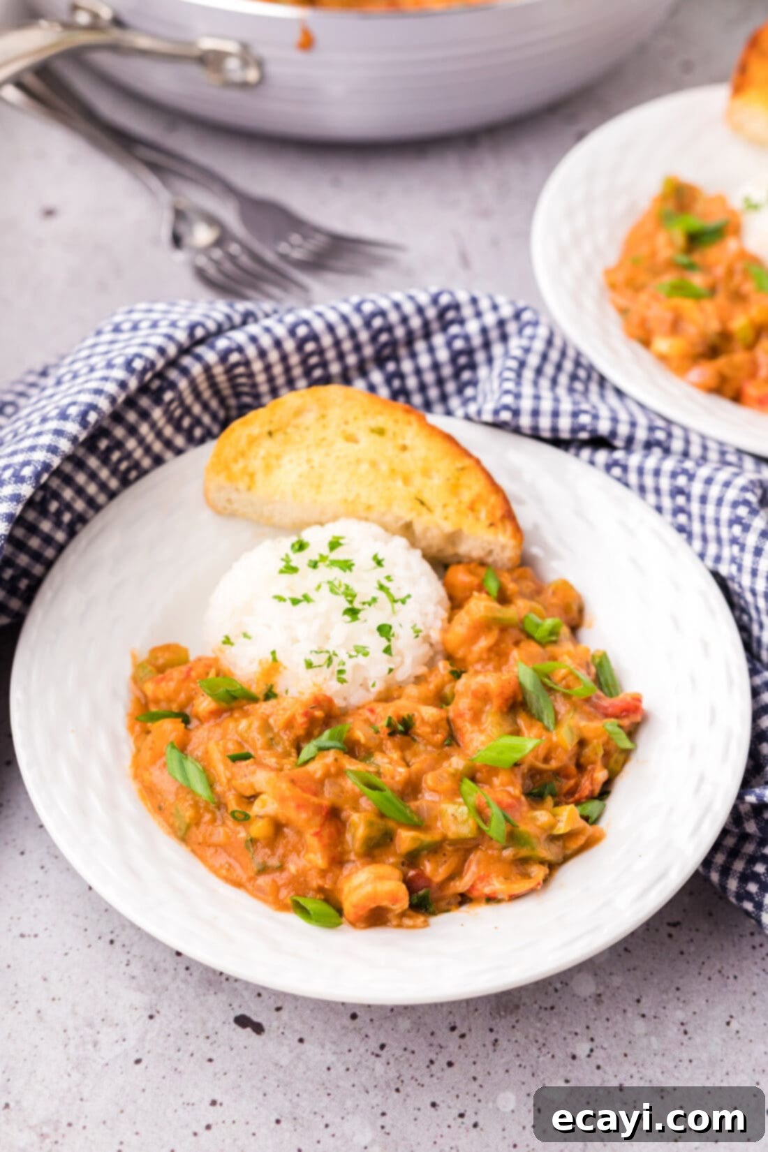 Crawfish Etouffee: A Taste of Louisiana 15 Bowl of Crawfish Etoufee served with rice and a piece of bread, garnished with fresh green onions