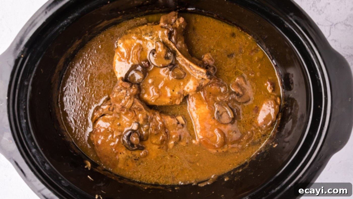 Fall-Off-The-Bone Pork Chops 13 Crockpot with brown gravy pork chops simmering slowly