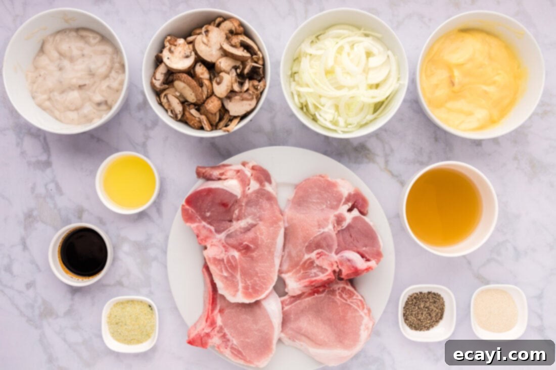 Fall-Off-The-Bone Pork Chops 4 Ingredients for Crockpot Pork Chops including pork chops, mushrooms, onions, and canned soups
