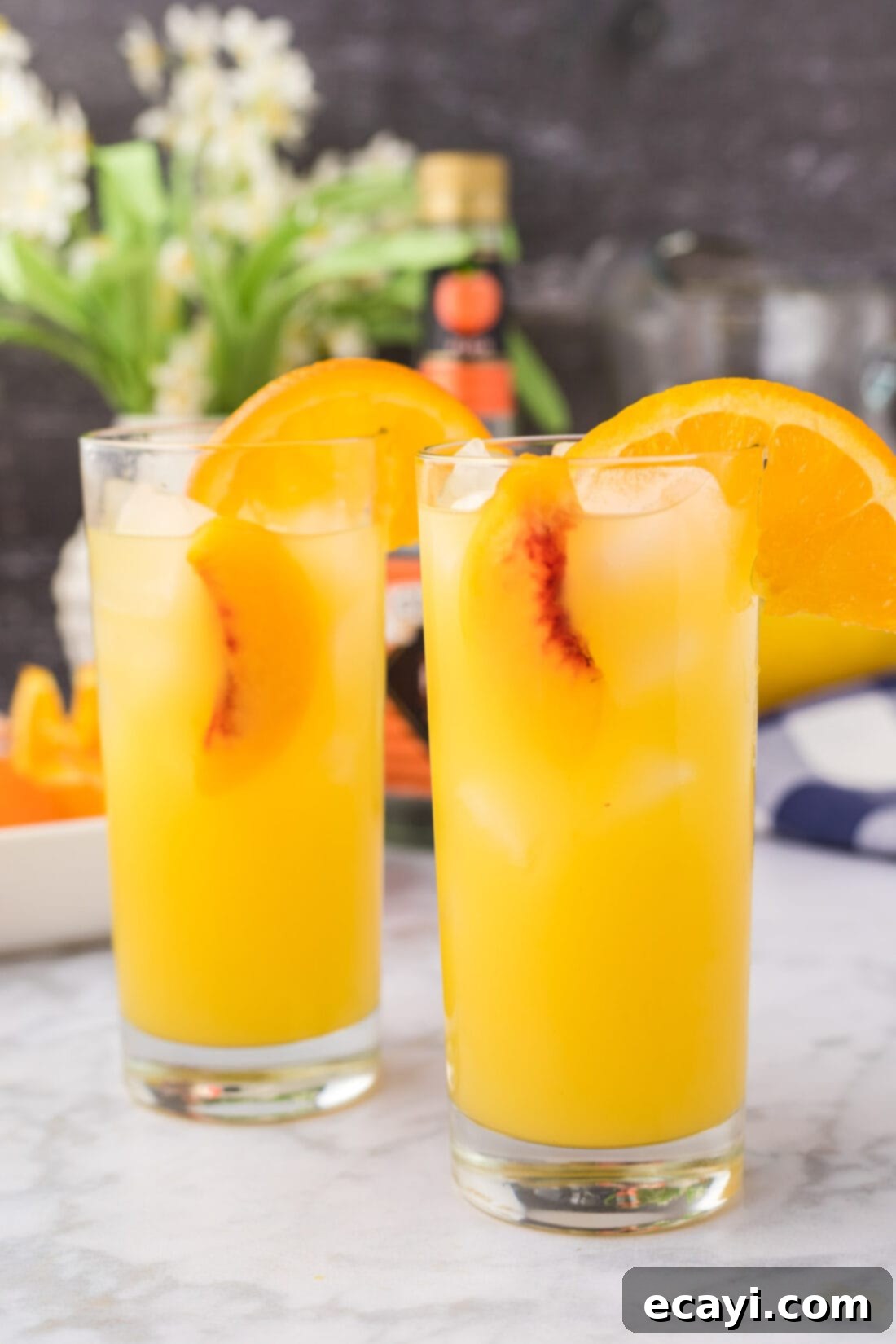 Golden Peach Nectar 11 Close up photo of two Fuzzy Navels with orange and peach garnishes