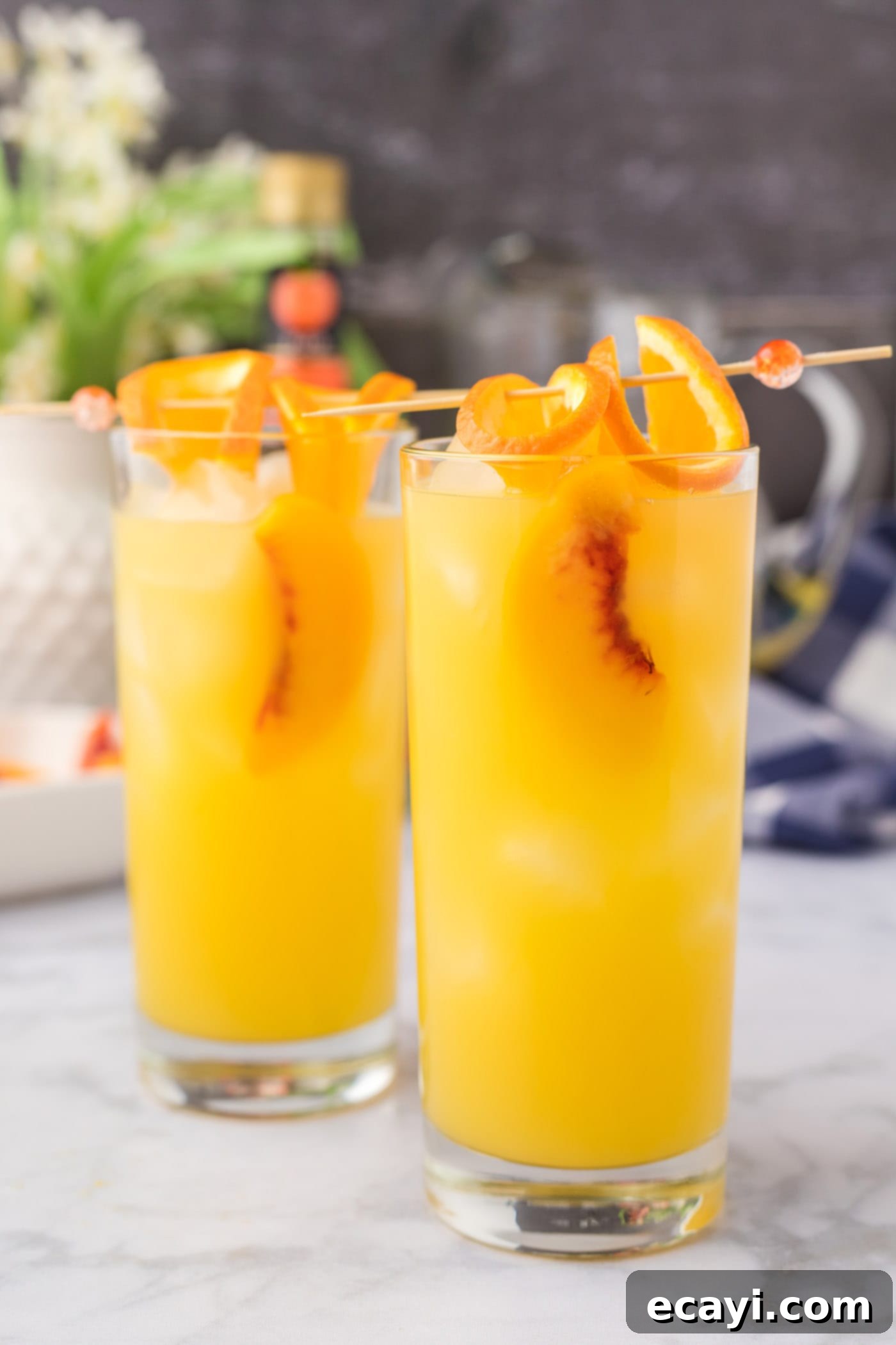 Golden Peach Nectar 10 fuzzy navel cocktail with skewered orange slices and peach slices