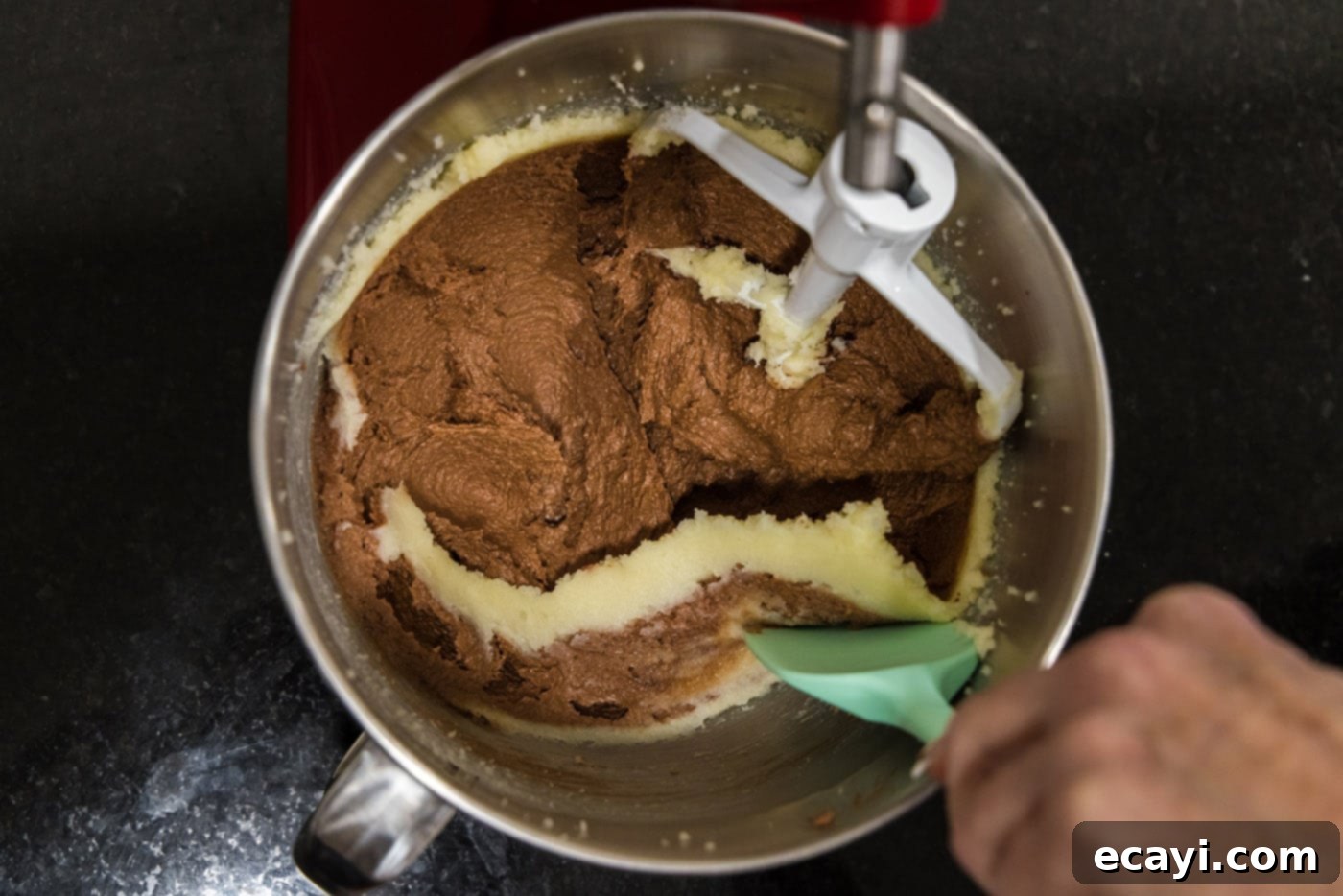 Petite French Silk Pies 19 mixing chocolate filling in a stand mixer
