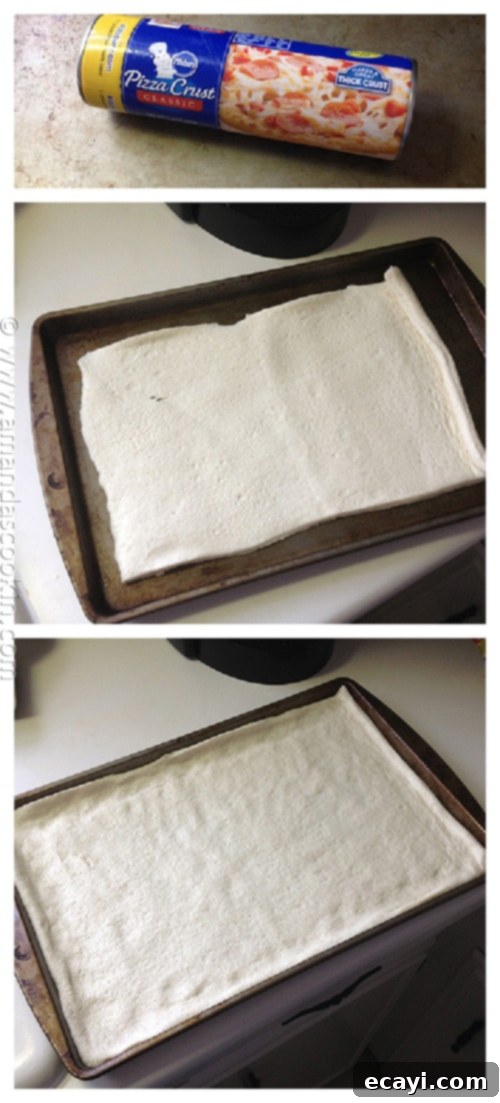 Classic Pizza with Garlic Bread Crust 7 A photo of a can of Pillsbury pizza crust and photos of the pizza crust spread out on a baking sheet.