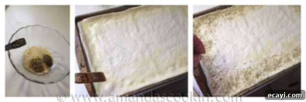 Classic Pizza with Garlic Bread Crust 8 Photos of the steps of adding the garlic salt mixture to the pizza crust.
