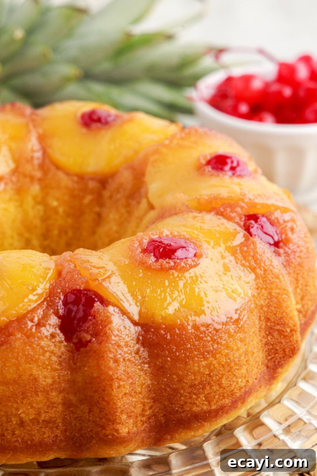 Golden Pineapple Crown Bundt Cake 2 Close up photo of a Pineapple Upside Down Bundt Cake