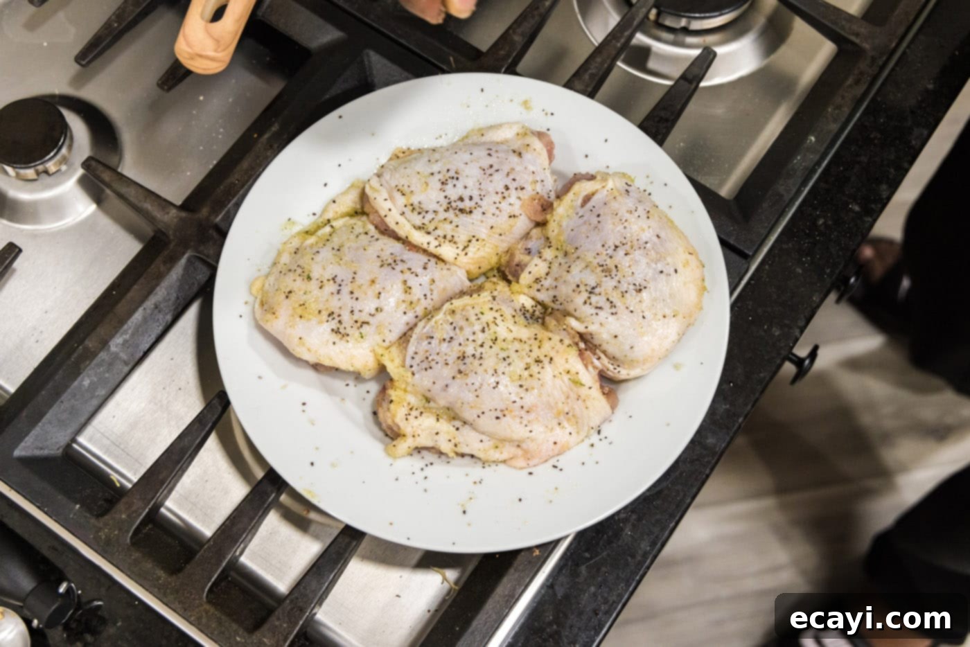 Effortless Instant Pot Chicken Thighs 5 seasoned chicken thighs on a plate