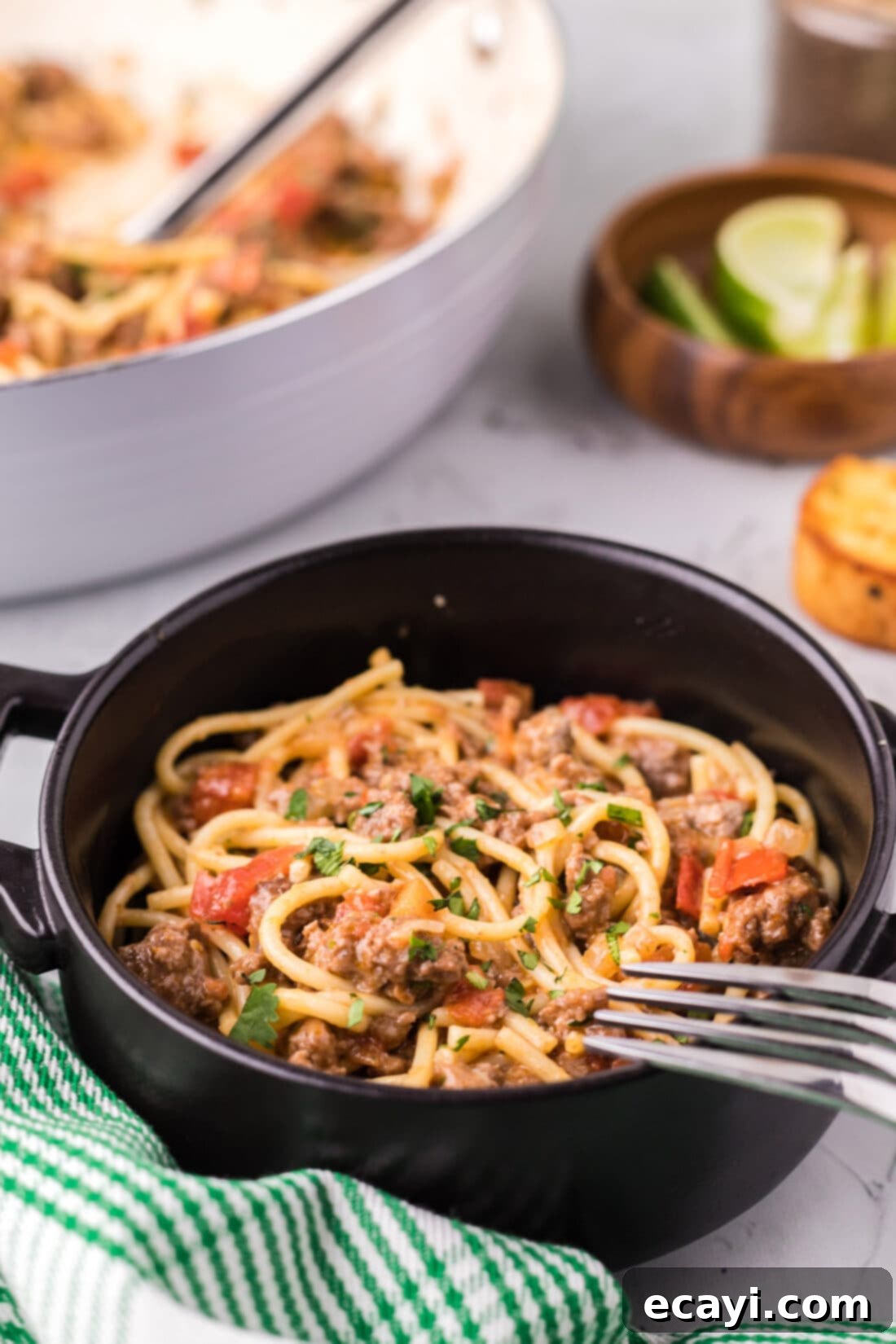 Tex-Mex Spaghetti 2 Bowl of Taco Spaghetti with a fork resting on the bowl