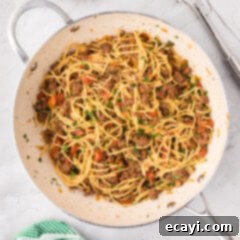 Tex-Mex Spaghetti 12 Overhead photo of a skillet of Taco Spaghetti