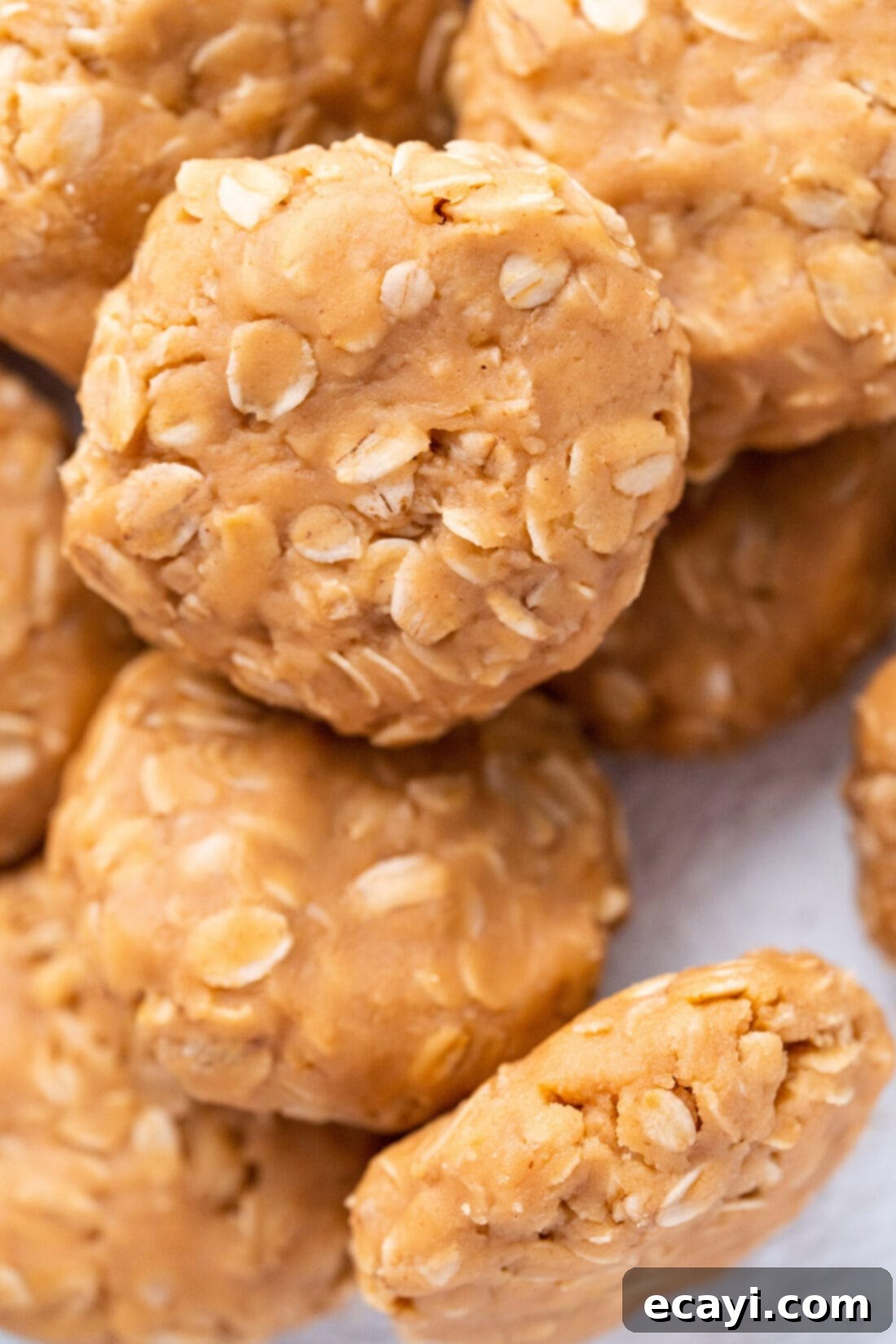 Peanut Butter Bliss Bites 17 Close-up photo of a No Bake Peanut Butter Cookie, highlighting its texture and a hint of peanut butter