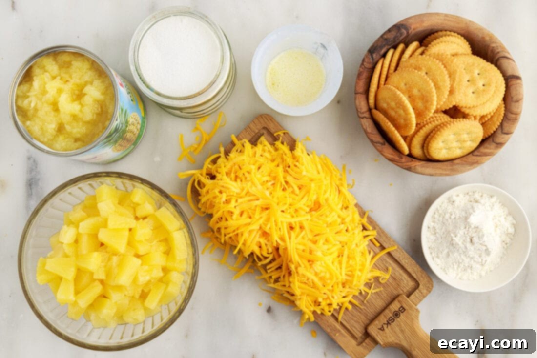 Sweet Pineapple Bake 4 All Ingredients for Pineapple Casserole Laid Out