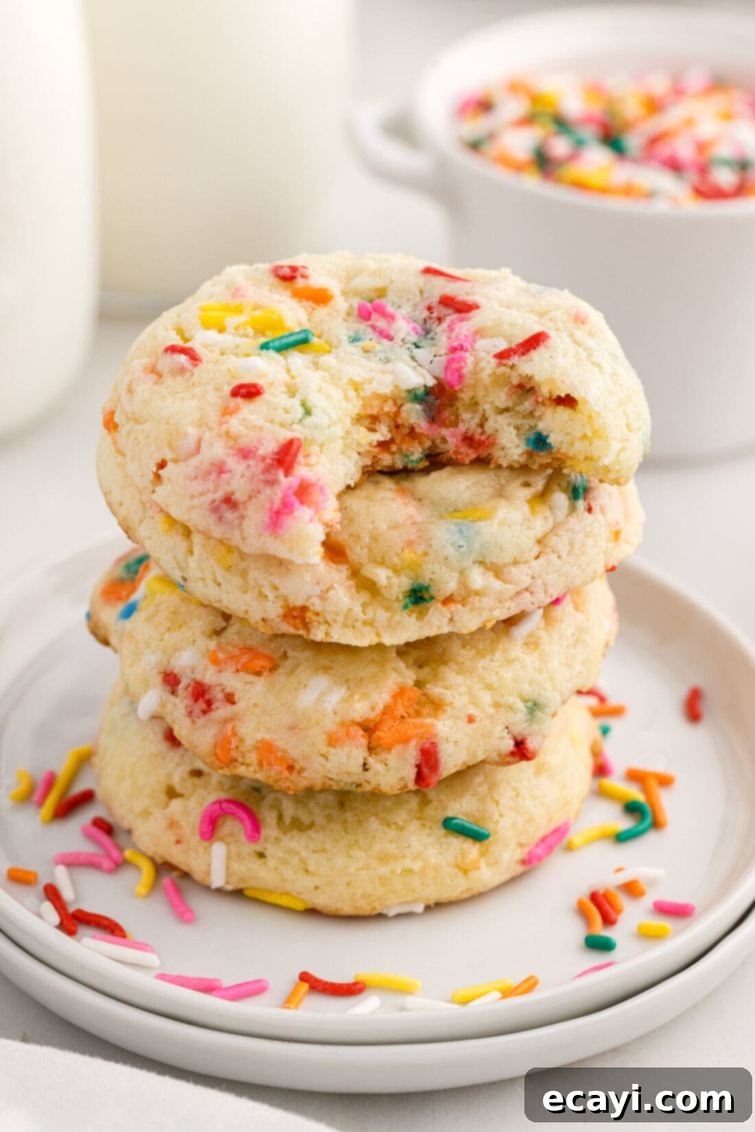 Easy Funfetti Cake Mix Cookies 2 Stack of Funfetti Cake Mix Cookies with a bite taken out of the top one, showcasing the soft interior and colorful sprinkles.