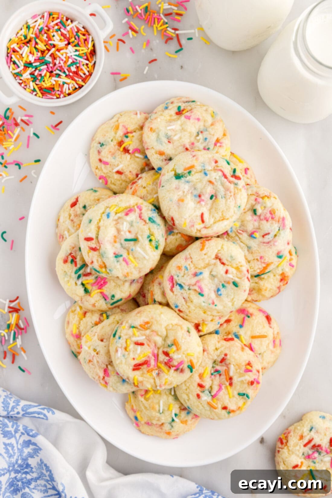 Easy Funfetti Cake Mix Cookies 3 Platter of Funfetti Cake Mix Cookies, ready to be served at a party or gathering.