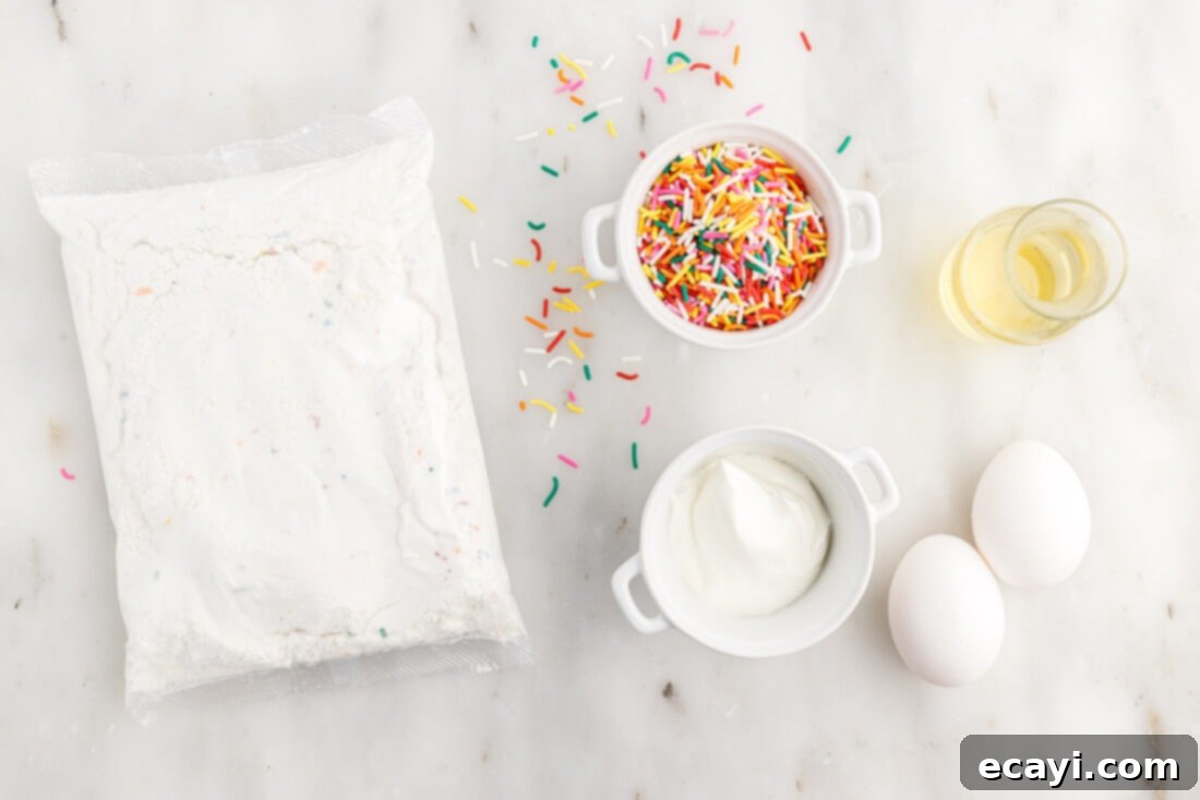 Easy Funfetti Cake Mix Cookies 4 Ingredients for Funfetti Cake Mix Cookies laid out on a surface: cake mix, vegetable oil, eggs, sour cream, and rainbow sprinkles.