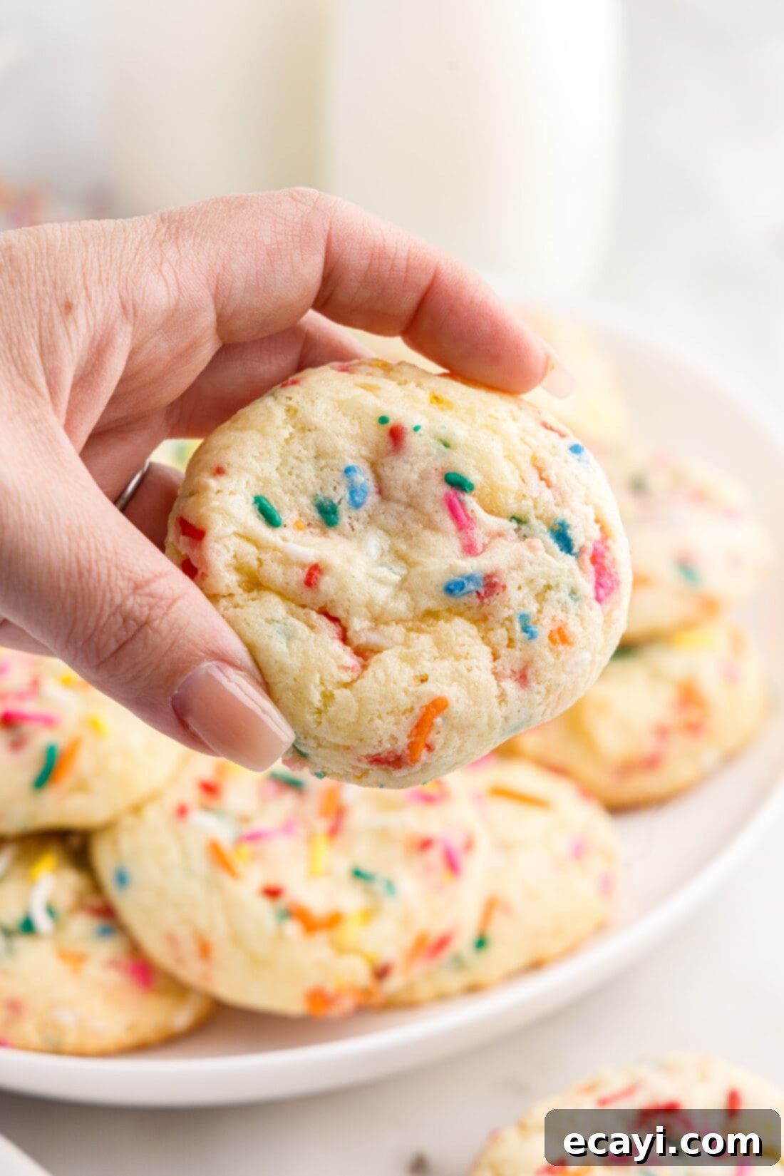Easy Funfetti Cake Mix Cookies 9 A hand holding a single Funfetti Cake Mix Cookie, highlighting its colorful sprinkles and soft texture.