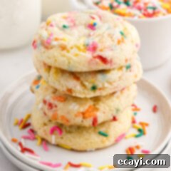 Easy Funfetti Cake Mix Cookies 10 Stack of Funfetti Cake Mix Cookies, showcasing their vibrant colors and soft texture.
