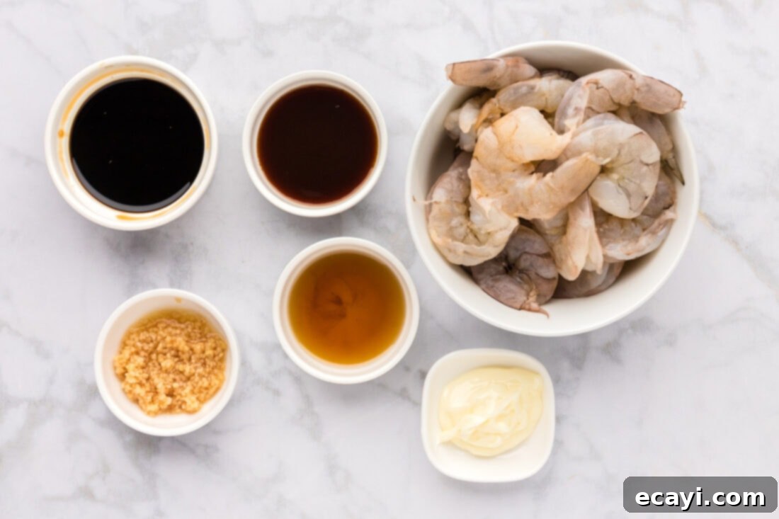 Sizzling Hibachi Shrimp 4 A flat lay photograph displaying all the fresh and vibrant ingredients required to prepare delicious Hibachi Shrimp.