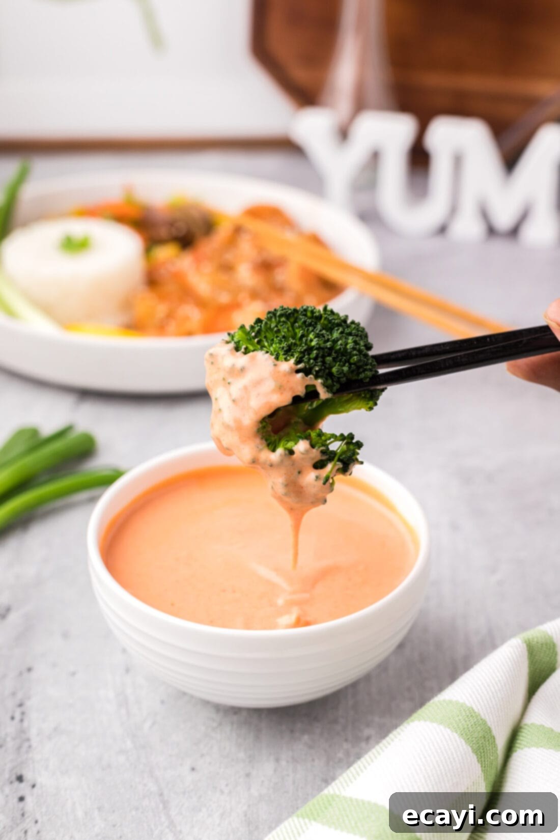 Golden Harmony Sauce 3 Broccoli dipped in Yum Yum Sauce