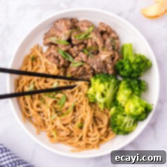 Savory Teriyaki Beef 11 Beef Teriyaki on a plate served with teriyaki noodles and broccoli