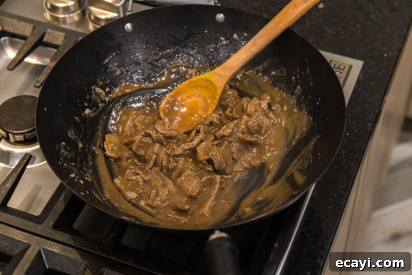 Savory Teriyaki Beef 9 beef teriyaki in a wok
