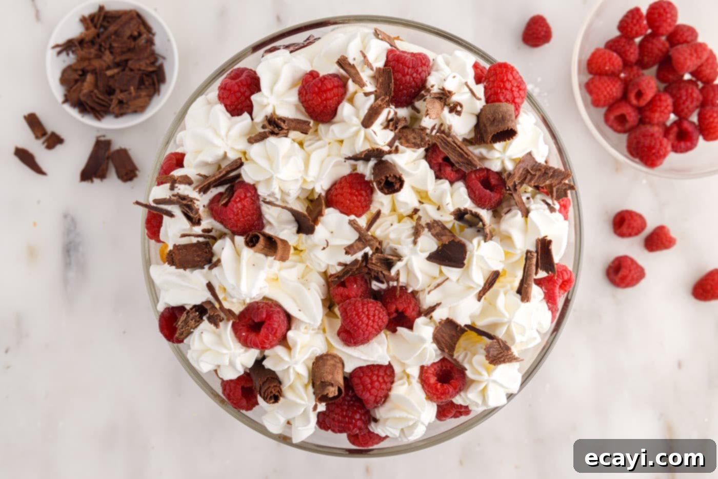 Raspberry Trifle 16 finished raspberry trifle garnished with fresh raspberries and elegant chocolate curls
