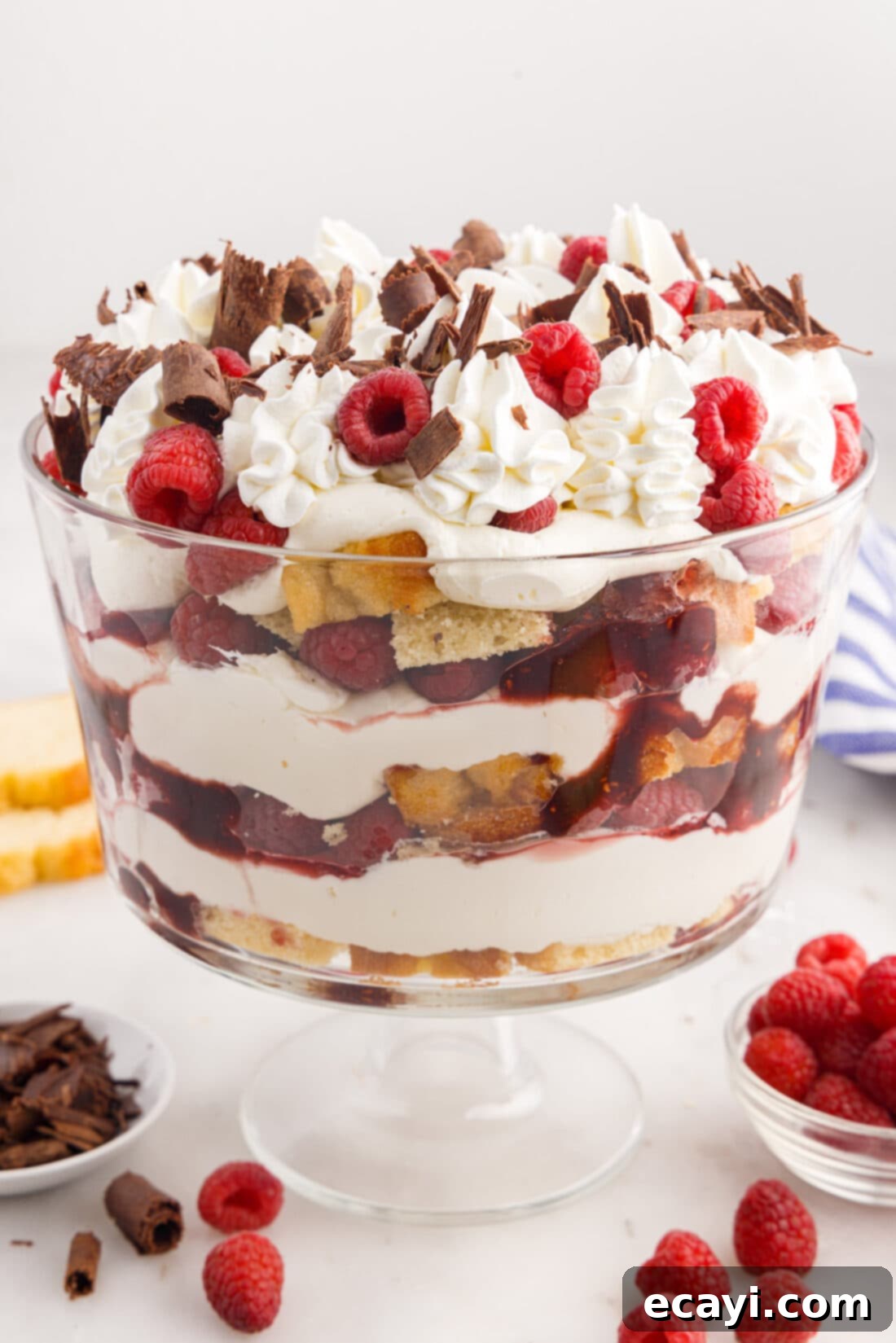 Raspberry Trifle 17 Photo of Raspberry Trifle with shaved chocolate and raspberries on the side for garnish