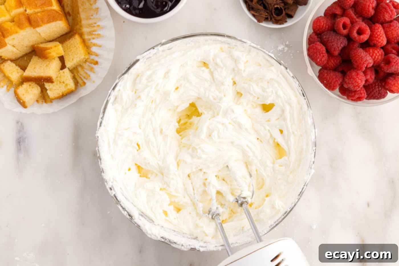 Raspberry Trifle 10 cream cheese mixture with whipped cream incorporated, ready for layering