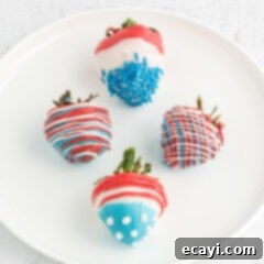 Stars & Stripes Strawberry Bites 3 Four Patriotic Chocolate Covered Strawberries on a plate