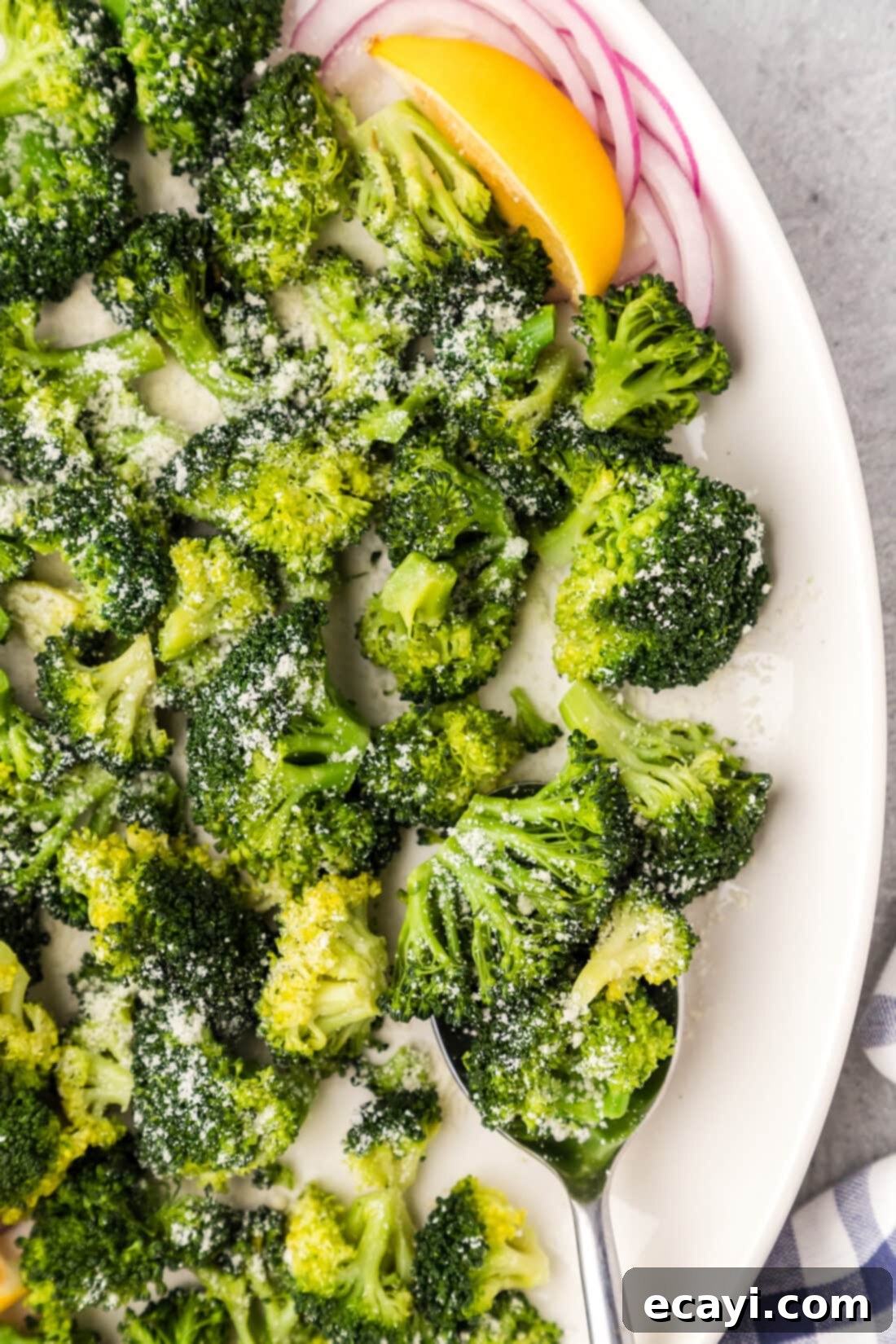 Perfect Instant Pot Broccoli 38 Close up photo of Instant Pot Broccoli on a platter, showcasing its vibrant green color and tender texture