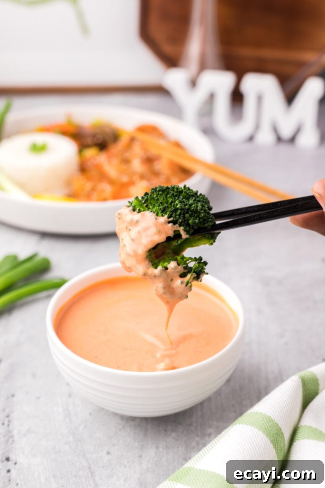 Perfect Instant Pot Broccoli 3 Instant Pot Broccoli florets generously dipped in a creamy Yum Yum sauce
