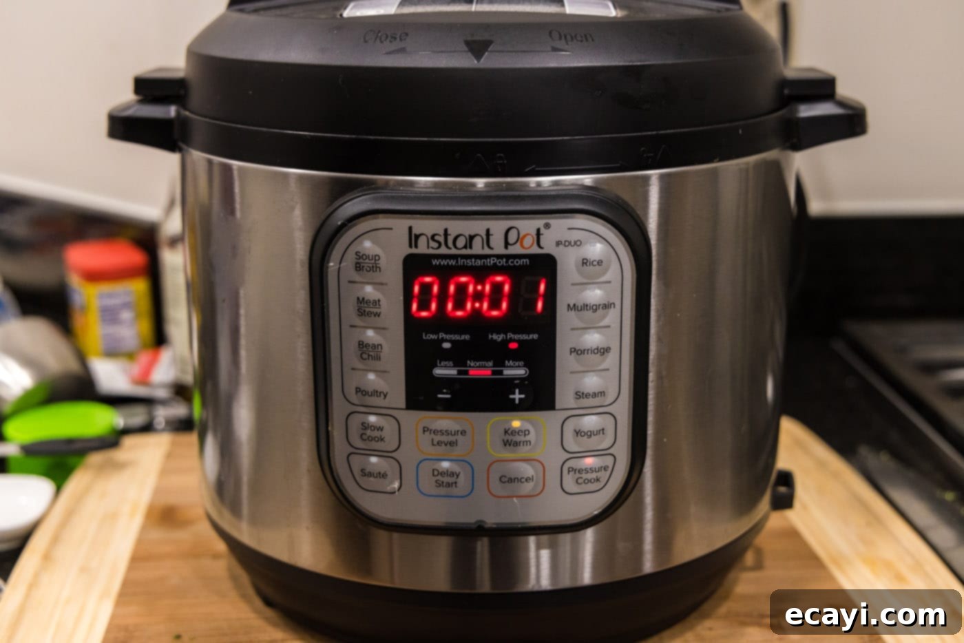 Perfect Instant Pot Broccoli 6 instant pot display set to 1 minute high pressure