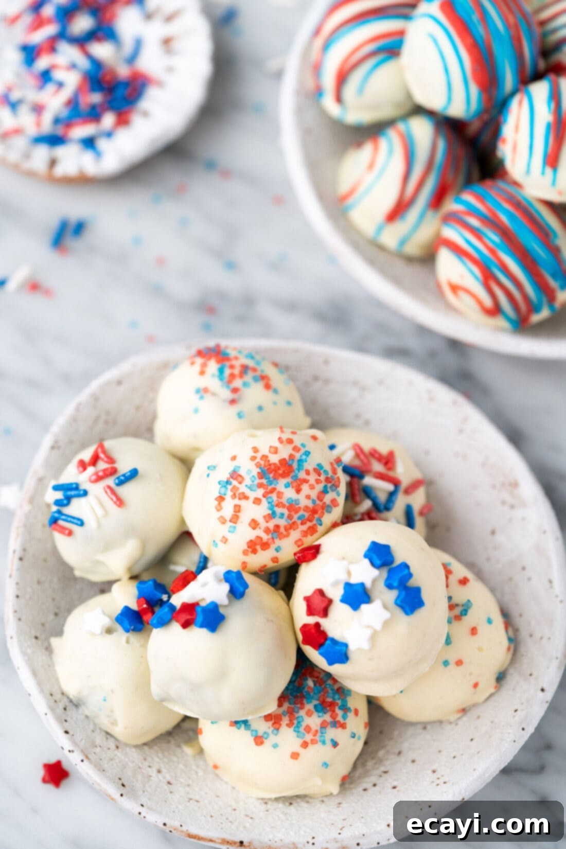 Stars and Stripes Oreo Truffles 18 Two bowls of Red White and Blue Oreo Truffles, beautifully decorated and ready for serving