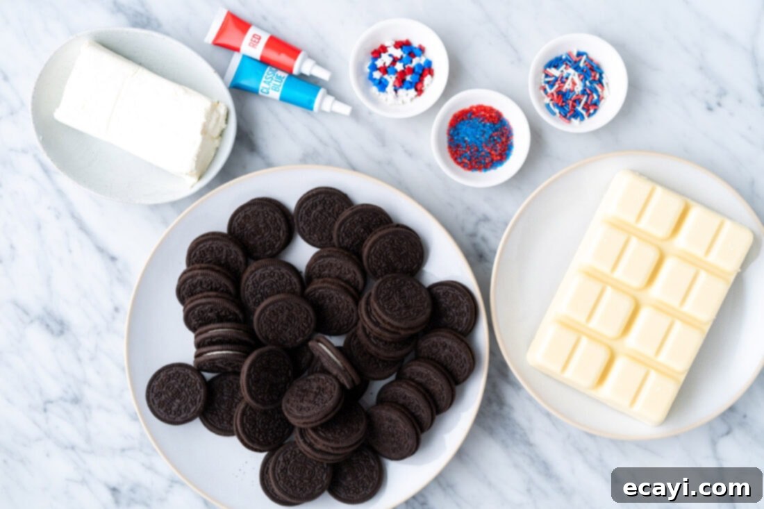 Stars and Stripes Oreo Truffles 4 Ingredients for Red White and Blue Oreo Truffles including Oreos, cream cheese, white chocolate, and sprinkles