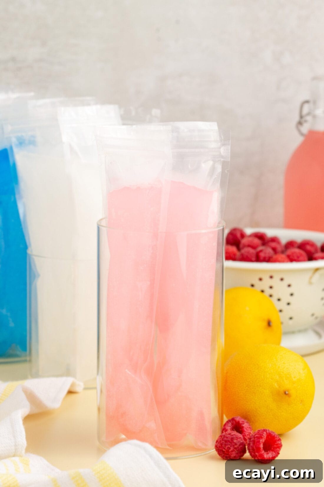 Poptails 3 Assorted Boozy Ice Pops resting in cups, showcasing their refreshing colors.