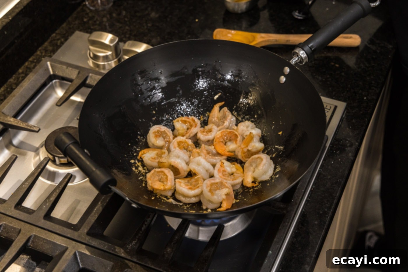 Teriyaki Shrimp 7 sauteeing shrimp in a skillet