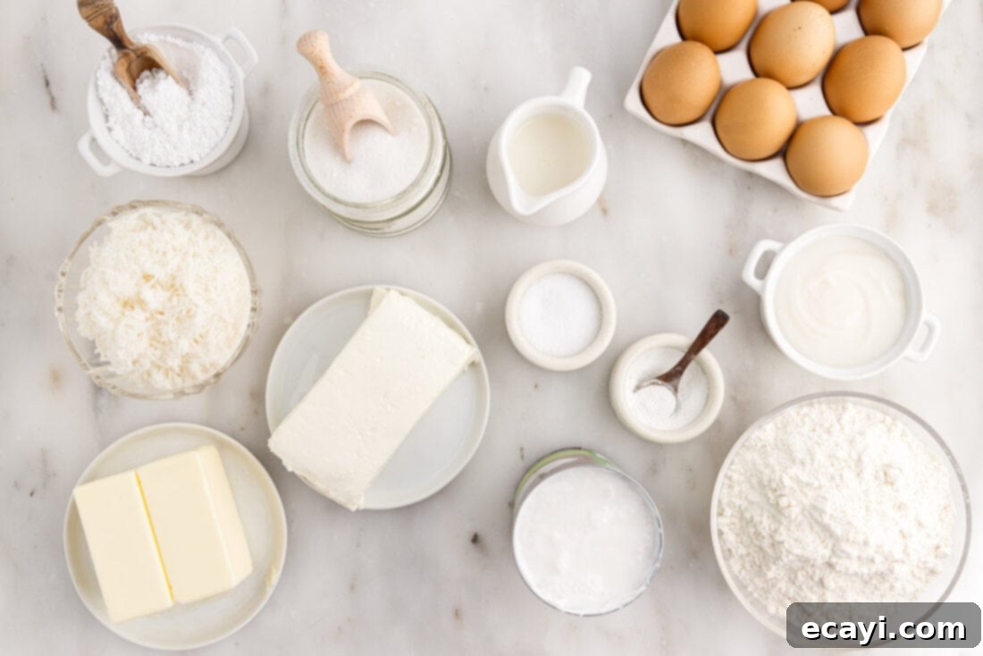 Tropical Cloud Cake 4 All the fresh ingredients neatly arranged on a counter, ready for making coconut cake: butter, sugar, eggs, extracts, coconut milk, flour, baking powder, salt, cream of coconut, and shredded coconut.