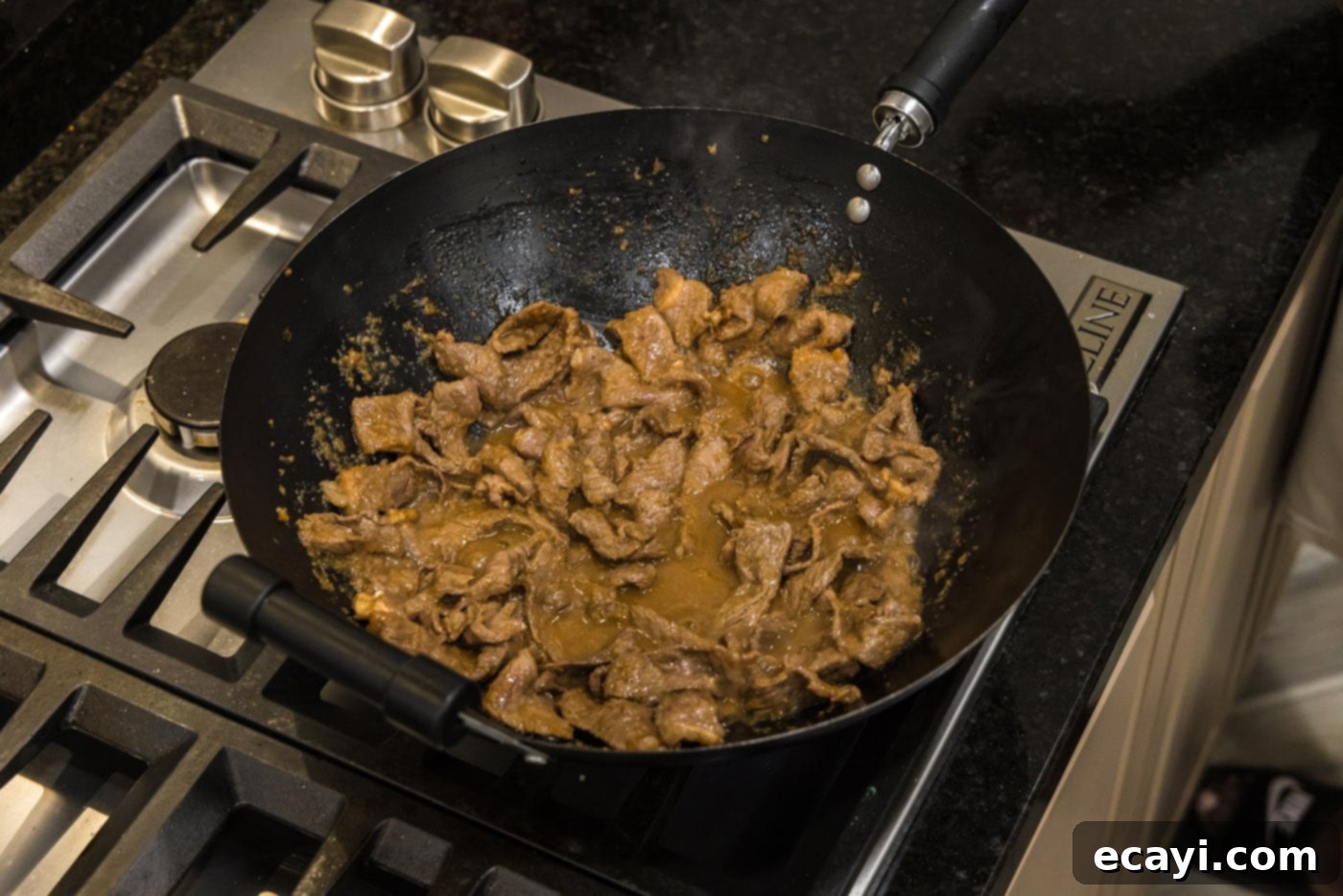 Classic Korean Beef Bulgogi 9 beef strips in a wok