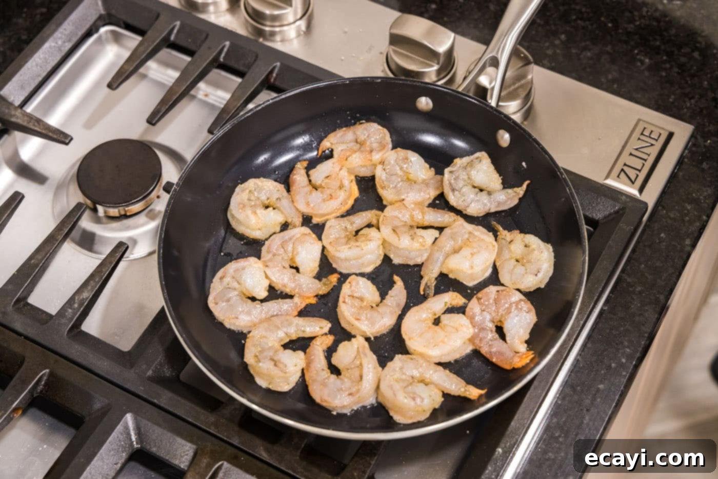 Shrimp Alfredo Bliss 6 Sautéing shrimp in a hot skillet until perfectly pink and opaque