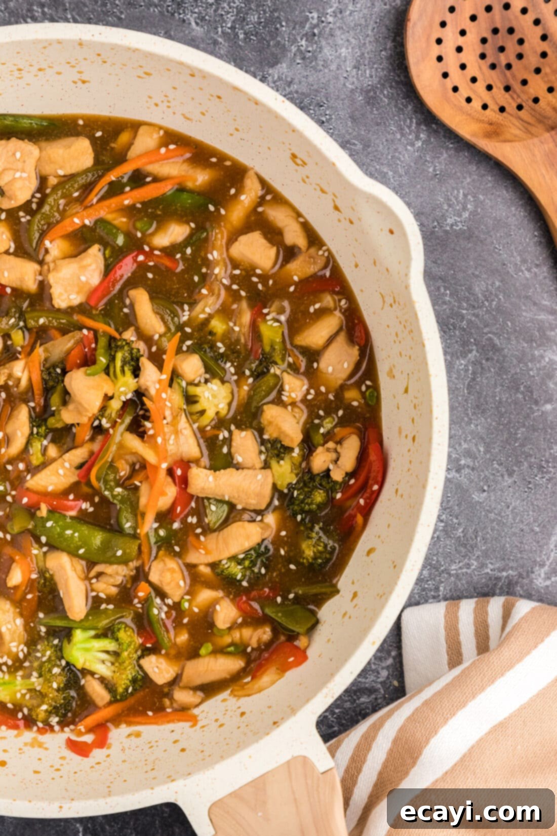 Sticky Honey Garlic Chicken Stir-Fry 14 Photo of half of a skillet of Honey Garlic Chicken Stir Fry
