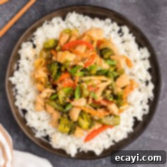 Sticky Honey Garlic Chicken Stir-Fry 15 Plate of Honey Garlic Chicken Stir Fry served over rice