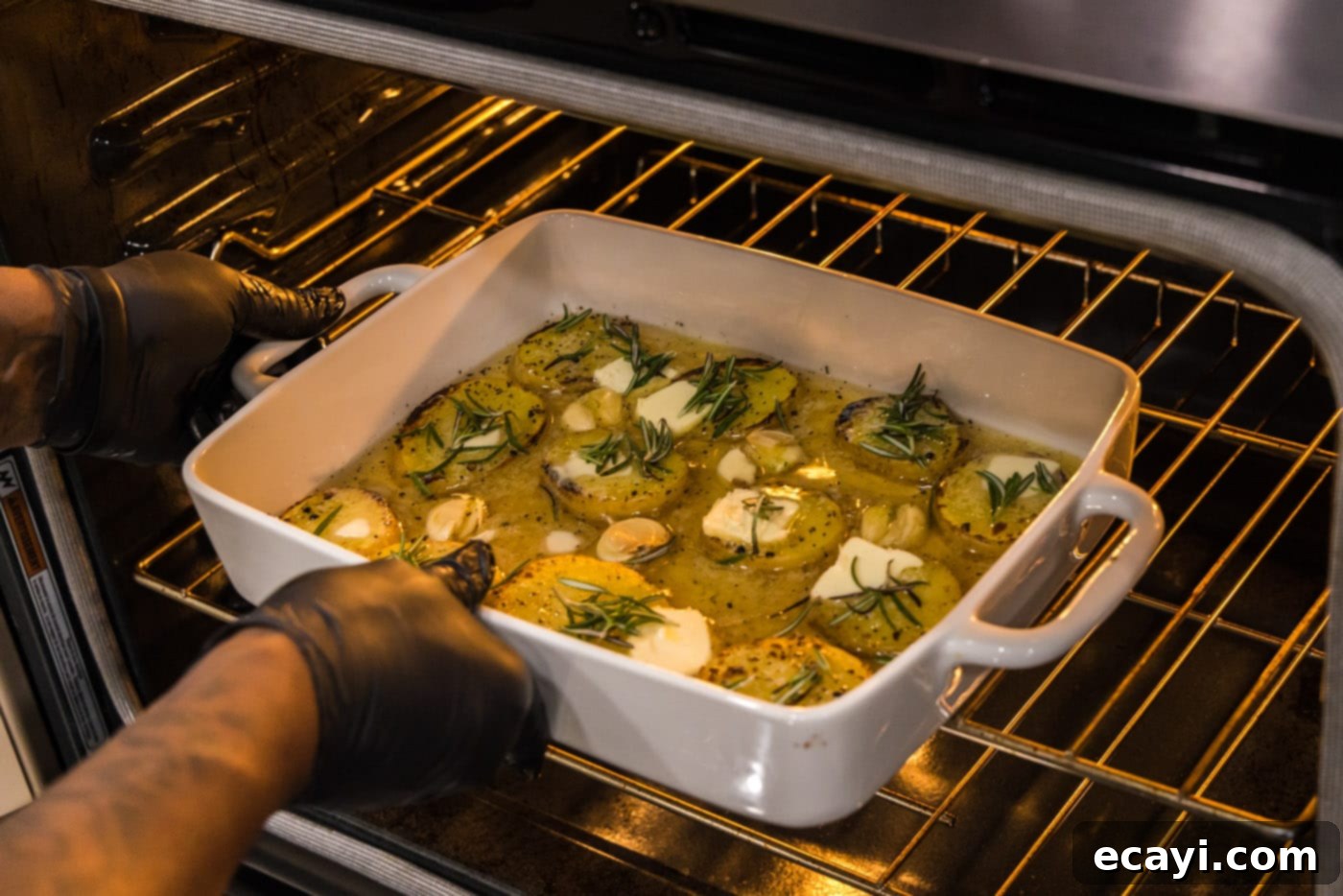 Ultra-Tender Melting Potatoes 11 placing melting potatoes into the oven