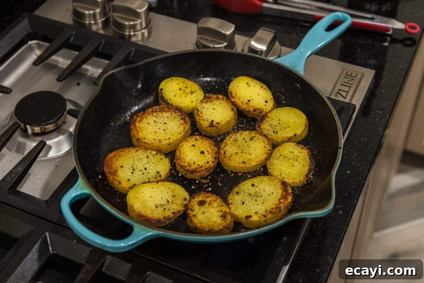Ultra-Tender Melting Potatoes 8 browned potato slices cooked in a skillet