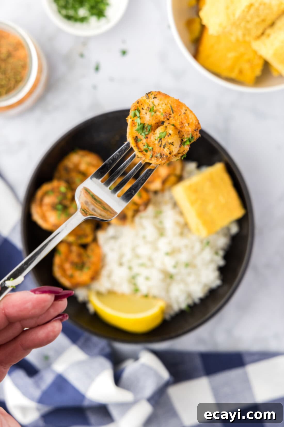 Fiery Cajun Prawns 2 Cajun Shrimp on a fork