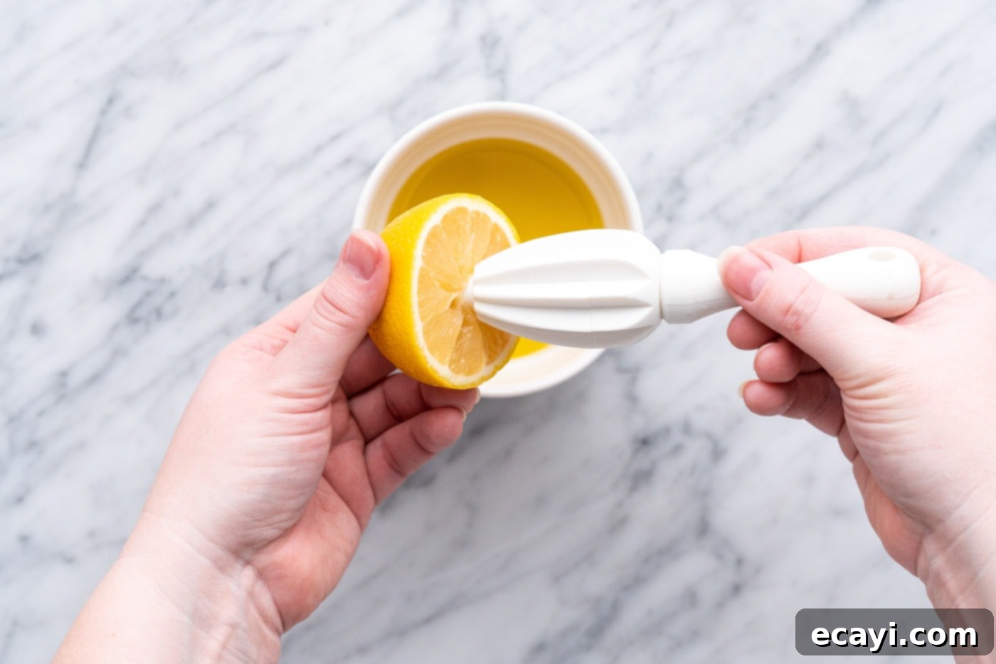 Zesty Lemon Vinaigrette 5 squeezing lemon juice out of lemon