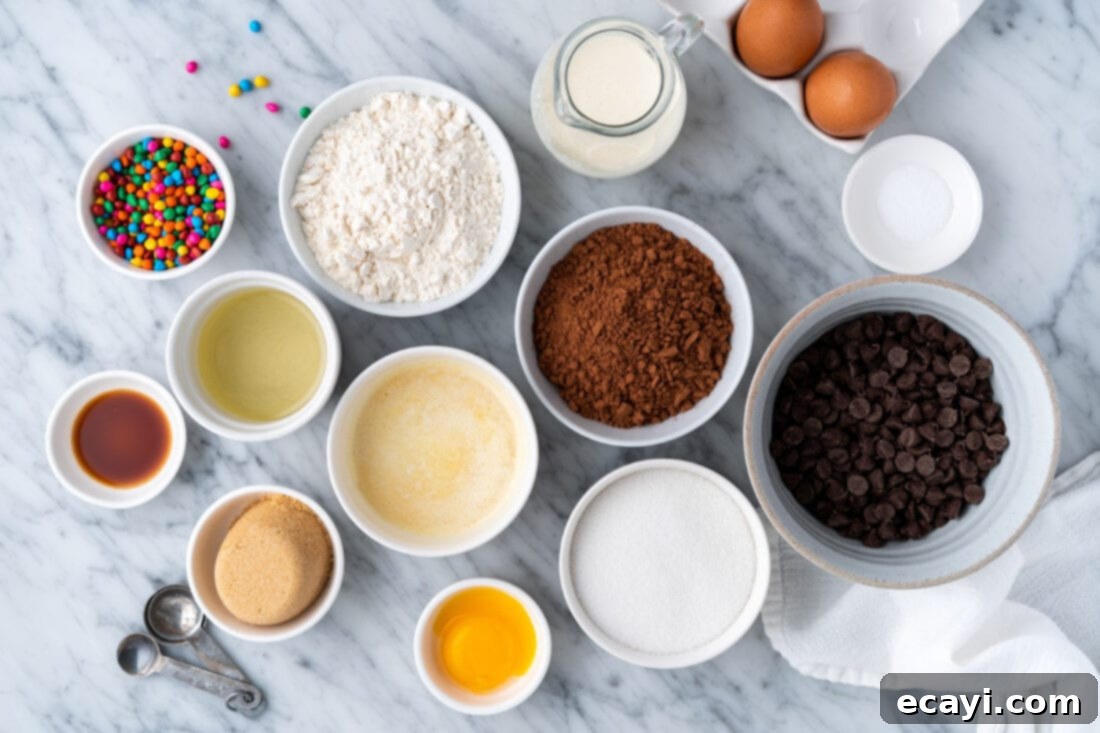 Dark Matter Delights 4 A flat lay photograph showcasing all the ingredients for Cosmic Brownies: flour, cocoa powder, sugars, eggs, butter, oil, vanilla, chocolate chips, heavy cream, and rainbow sprinkles.