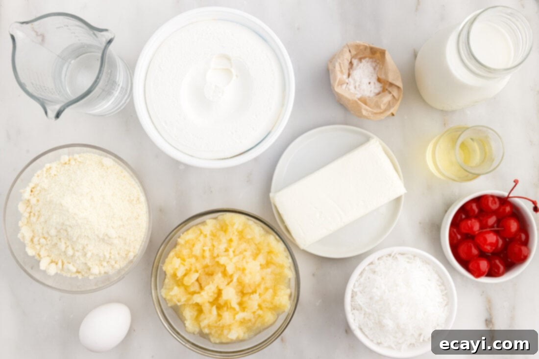 Billionaire Bliss Cake 4 Assortment of ingredients for Millionaire Cake, including cake mix, pudding, cream cheese, pineapple, and Cool Whip.