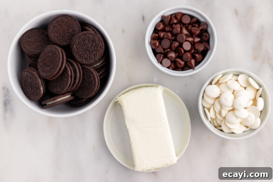 Decadent Oreo Truffles 4 Ingredients for Oreo Truffles laid out on a table